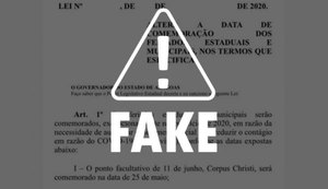 Imagem de Projeto de Lei com antecipação de feriados em Alagoas é falsa