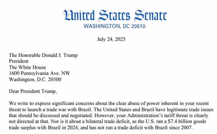 Trump é acusado por senadores democratas de 'claro abuso de poder' por tarifas ao Brasil