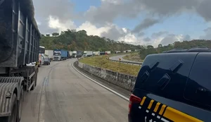 Tombamento de carreta bloqueia trecho da BR-101 e provoca congestionamento em Junqueiro