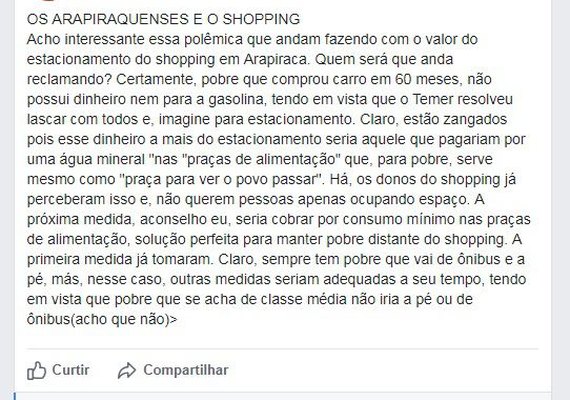 Professor de Universidade declara que 'pobre' deve ser afastado de shopping