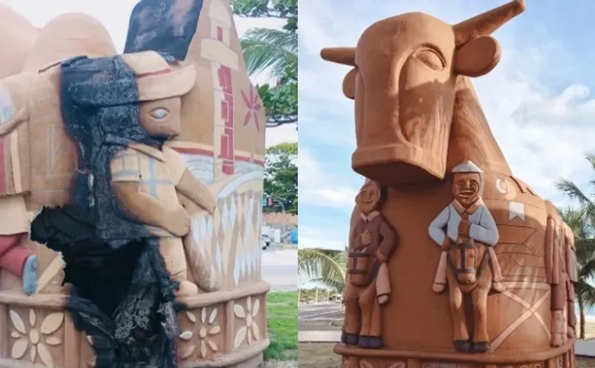 Escultura de “Boi Bumbá” é parcialmente destruída por fogo na Avenida da Paz